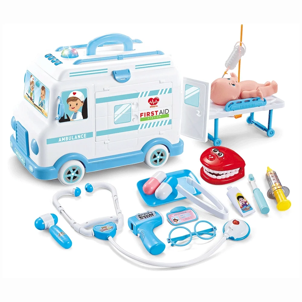 (azul) Conjunto De Brinquedo Eletrônico De Médico, Ambulância De Brinquedo, Com Luzes E Efeitos Sonoros