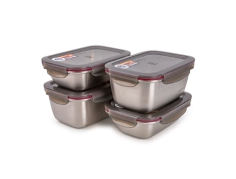 CUITISAN Flora - Lote de 4 Recipientes Retangulares de 0,6L e 1L em Aço Inox Adequados para Microondas