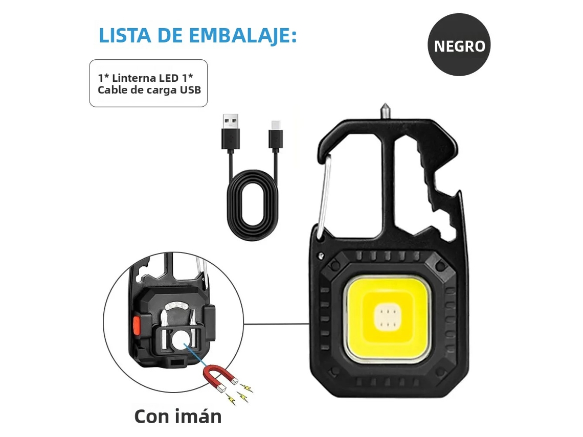 (preto) Mini Lanterna Led Cob Recarregável Com Chaveiro Multifuncional, Resistente A Choques