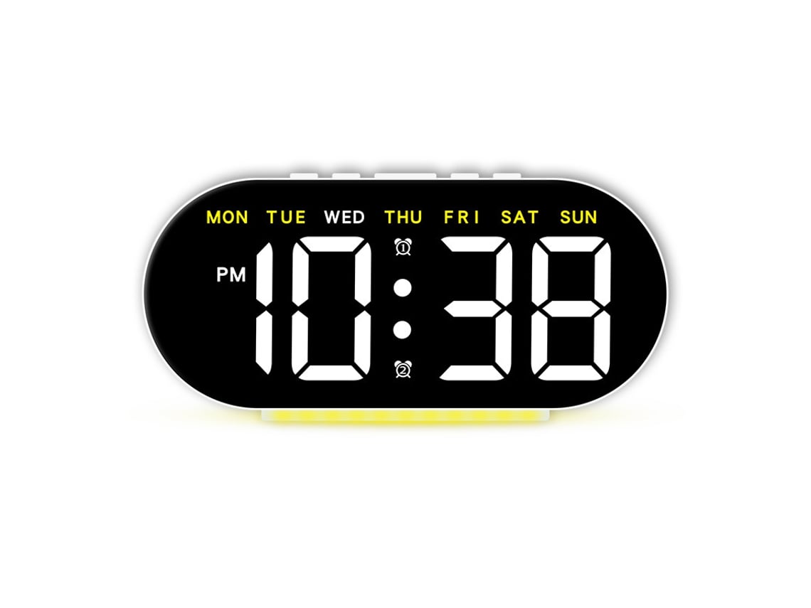 Relógio digital multifuncional LED MDUG com design simples e moderno, branco.