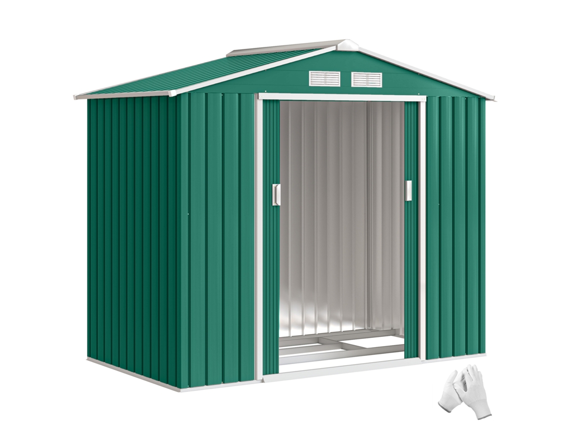 Suporte para Ferramentas de Chapa Metálica para Galpão de Jardim com Portas Deslizantes. 213x130x185cm. Verde Ge