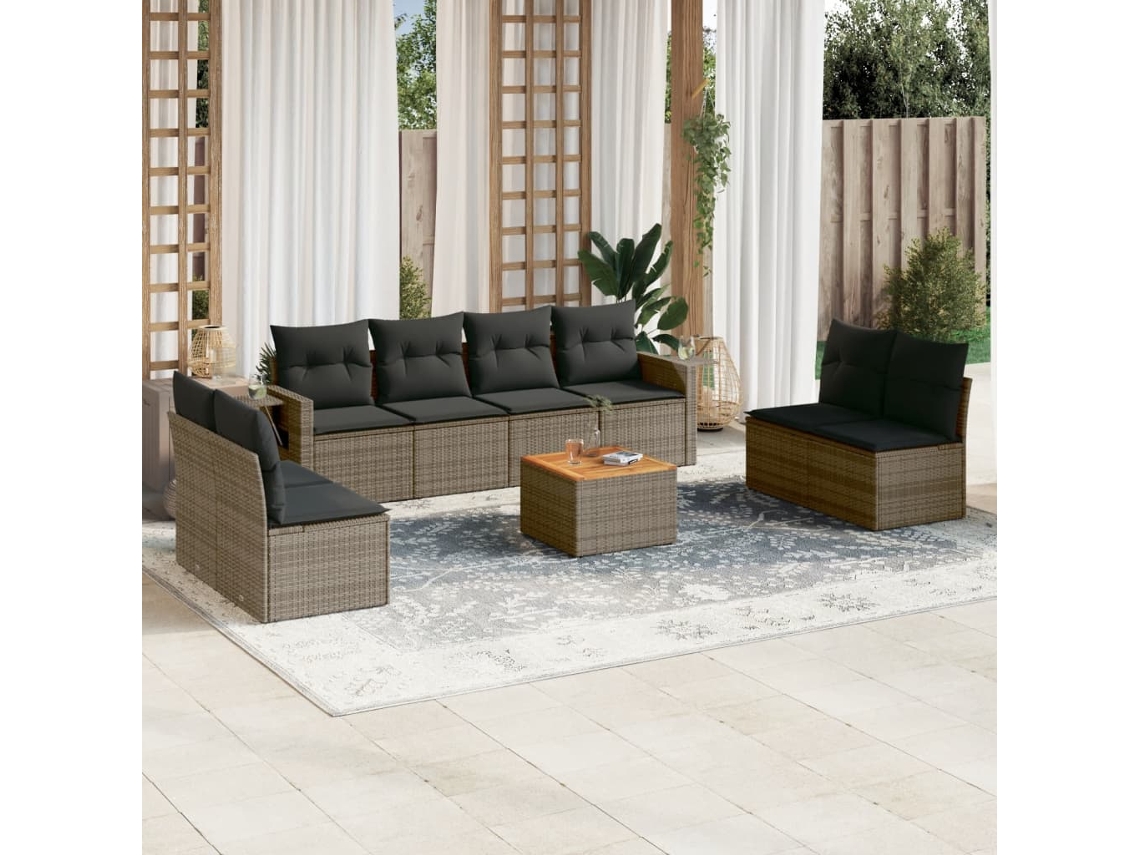 Vidaxl 9 Pcs Conjunto Sofás P/ Jardim Com Almofadões Vime Pe Cinzento