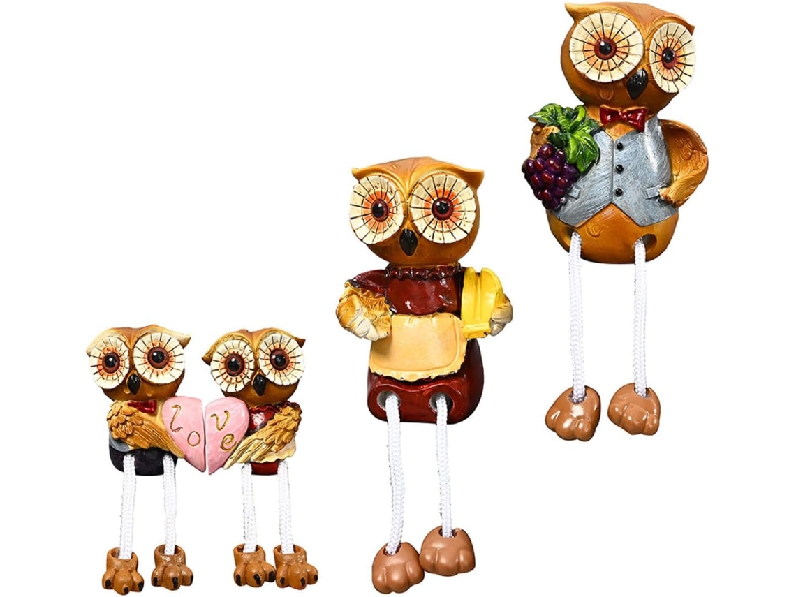 Conjunto 4 Miniaturas Corujas Resina Penduradas Pelos Design Criativo Compacto Perfeitas Decoração Jardim Pés GOKOCO