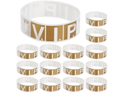 Pulseiras de papel dourado para eventos, design flexível e ajuste confortável, 300 unidades, ideais para feiras e bares.