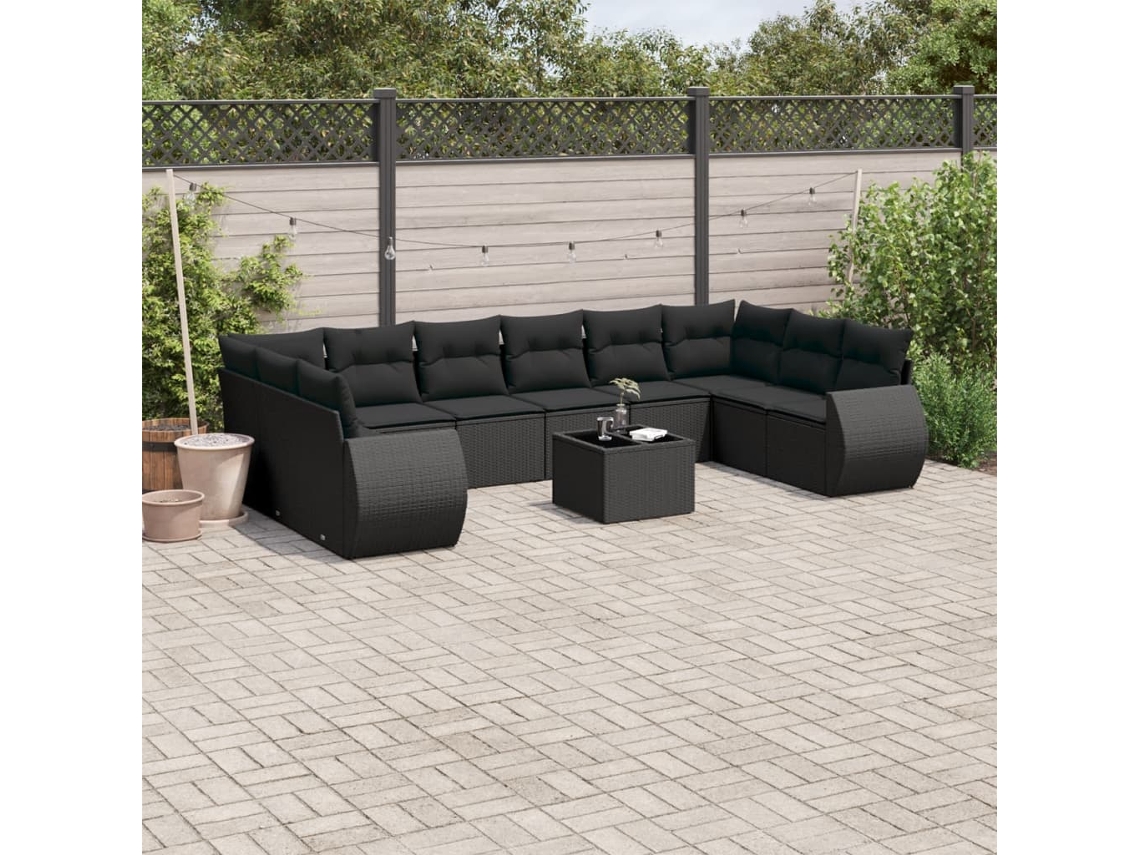Vidaxl 11 Pcs Conjunto Sofás De Jardim C/ Almofadões Vime Pe Preto