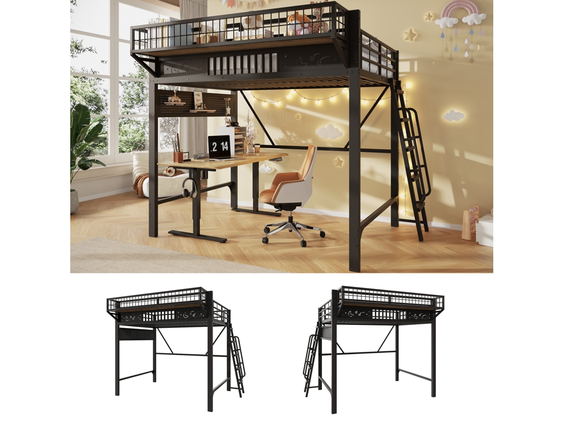 Cama Elevada, 140 X 200 Cm, Compartimentos, Sem Colchão, Preto