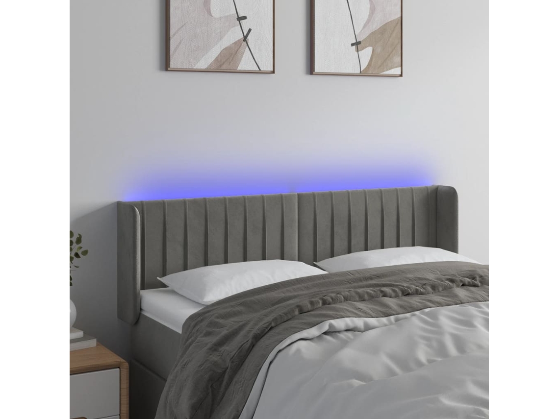Vidaxl Cabeceira Cama C/ Luzes Led Veludo 147x16x78/88 Cm Cinza-claro