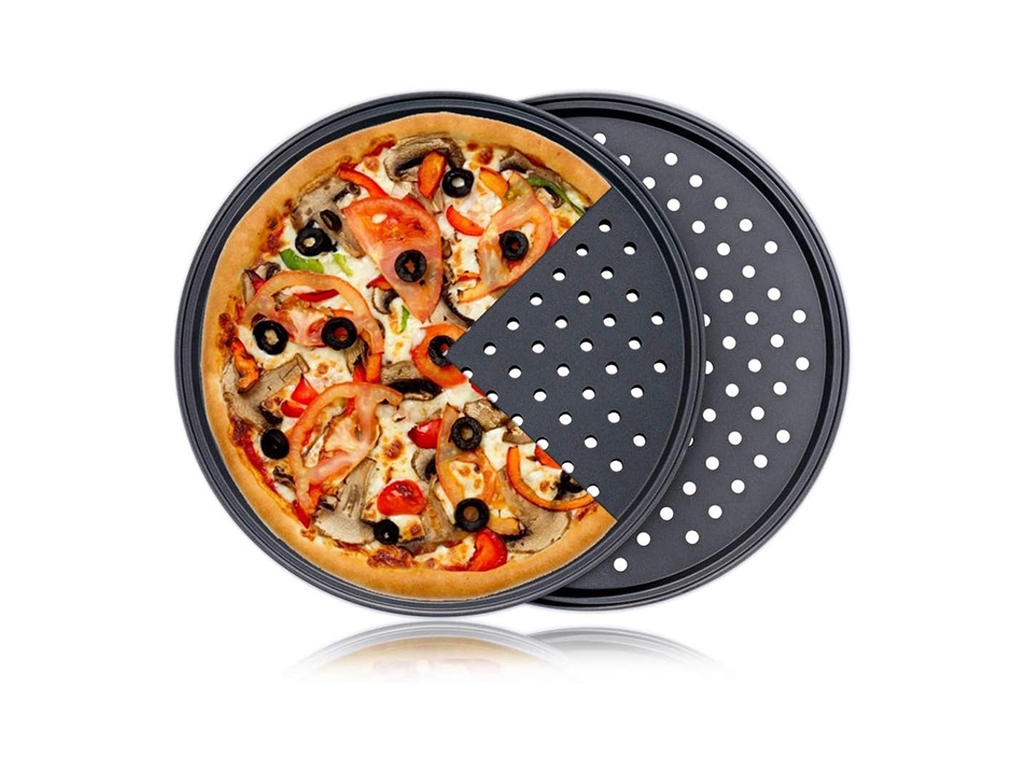 Conjunto 2 Formas Pizza Perfuradas - Utensílio Cozinha - Tabuleiro Pizza - 30 Cm - Aço Inoxidável - Preto