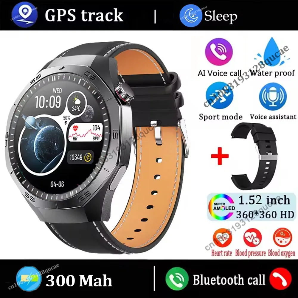 Smartwatch MDUG com tela Amoled HD, GPS, chamadas Bluetooth, à prova d'água (preto + pulseira de couro)