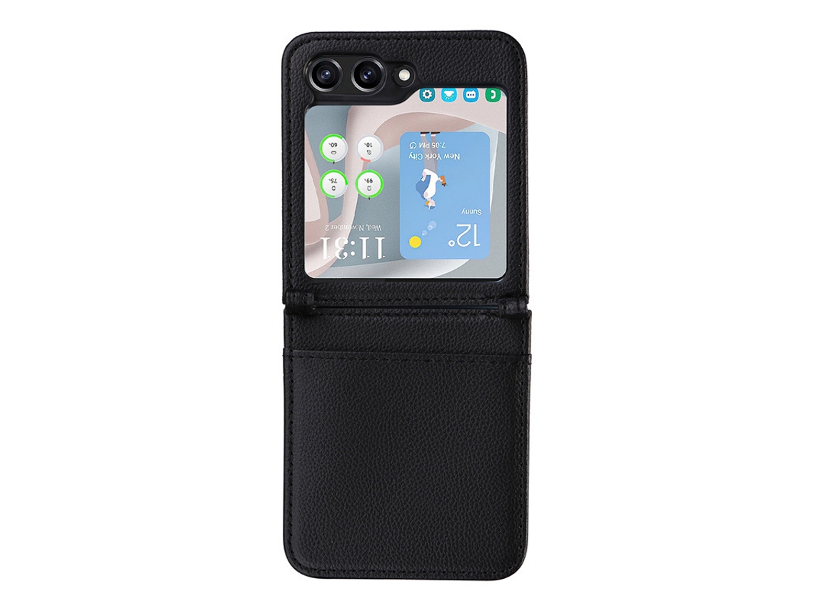Capa Para Celular Com Compartimento Para Cartão Sim, Capa De Couro De Peça Única Com Estampa De Lichia.samsung Z Flip4 Preto