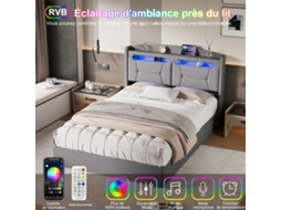 Cama De Casal 140x190 Com Cabeceira, Espaço De Arrumação, Porta Usb, Cama Com Baú, Cama Juvenil, Cama De Adulto, Cinza, Linho, Sem Colchão Rosahqnda