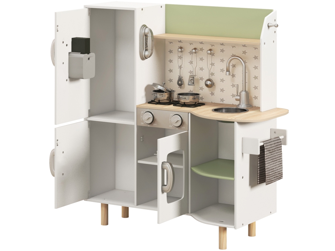 Cozinha De Madeira Para Crianças Com Máquina De Gelo Lavatório De Aço Inoxidável E Utensílios 84x34x89 Cm Branco