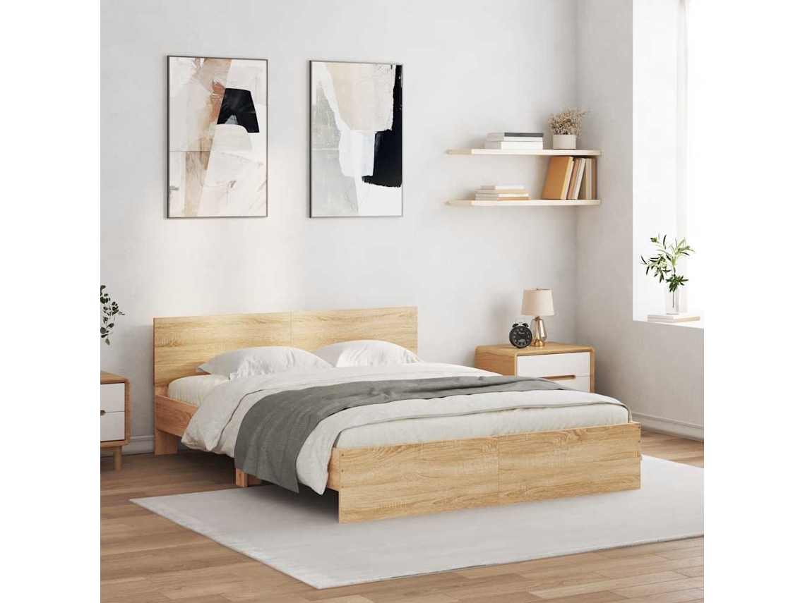 Vidaxl Estrutura Cama C/ Cabeceira/luzes Led 150x200cm Carvalho Sonoma
