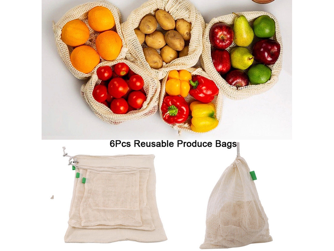 Conjunto de 6 Sacos Reutilizáveis​​ para Vegetais em Algodão Orgânico, Tamanho P , P(28 X 20 Cm), M(28 X 33 Cm), G(28 X 43 Cm) BRILVIBERA (m, G)