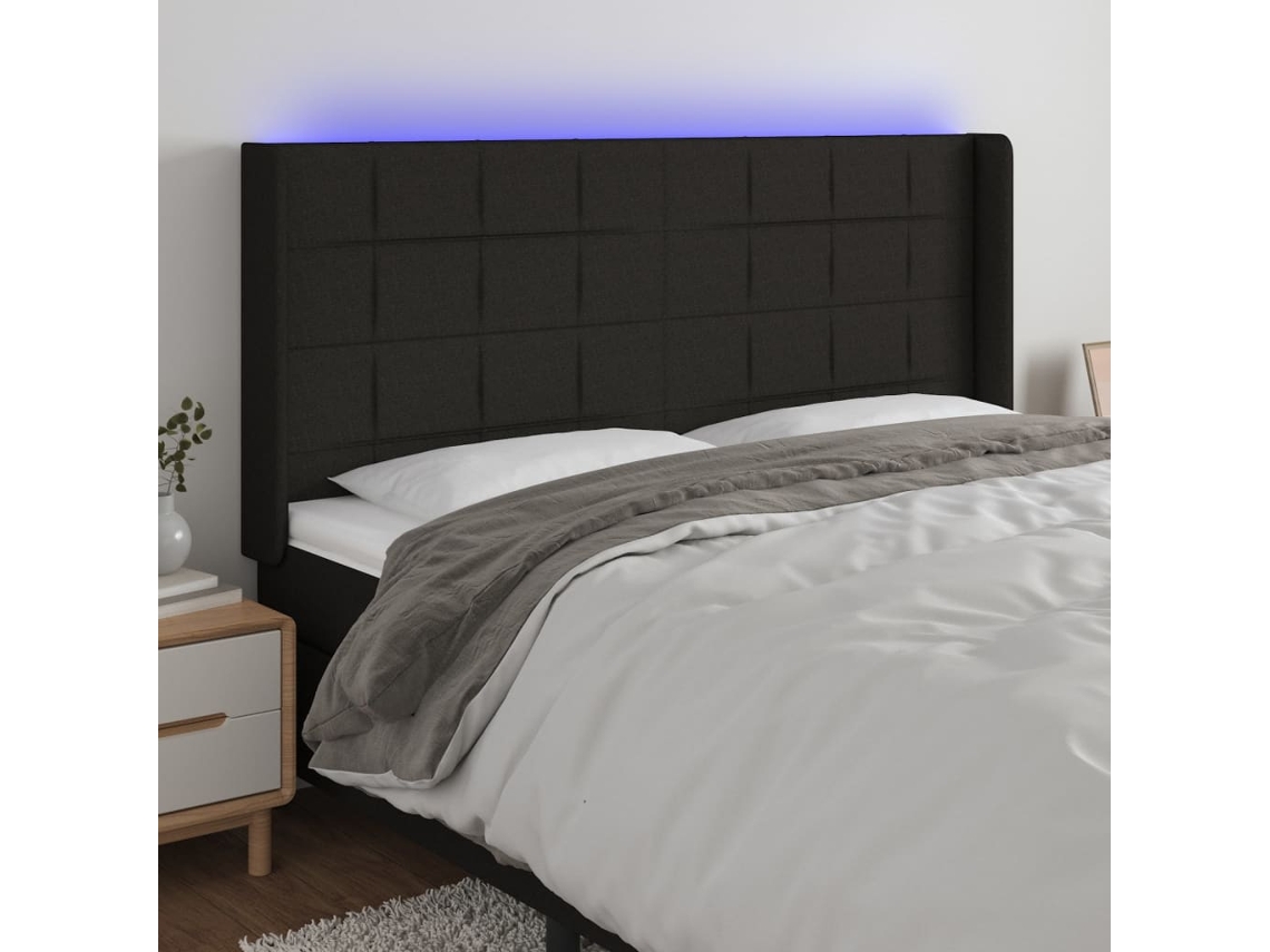 Vidaxl Cabeceira De Cama C/ Luzes Led Tecido 183x16x118/128 Cm Preto