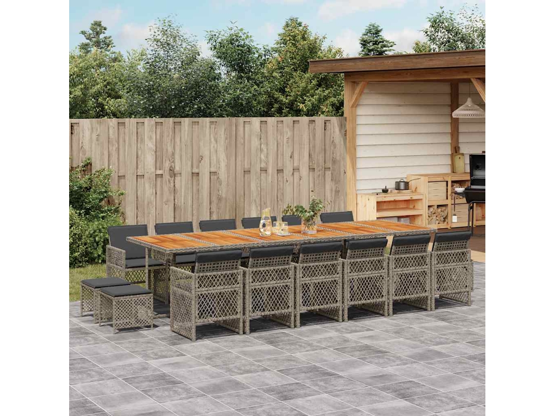 Vidaxl 17 Pcs Conj. De Jantar P/ Jardim C/ Almofadões Vime Pe Cinzento