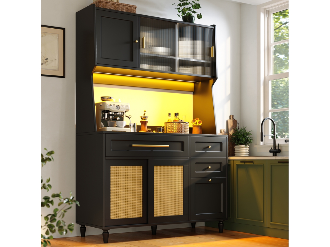 Armário Cozinha Preto, Vitrine Led, Rattan Pe, 3 Gavetas.-hm