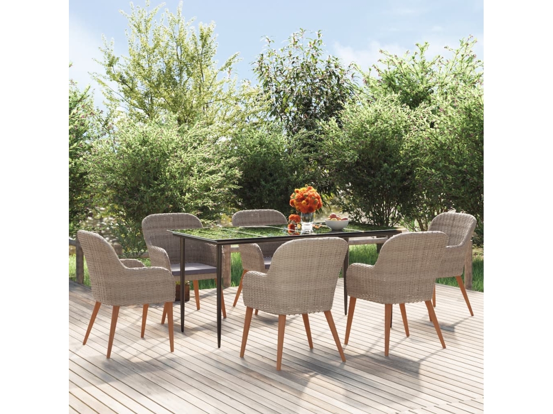 VIDAXL 7 Pcs Conjunto De Jantar Para Jardim Com Almofadões Castanho