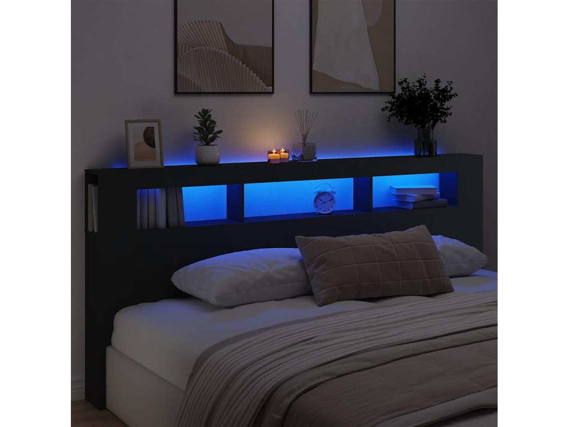 Cabeceira | Painel De Cama Cama C/ Leds 220x18,5x103,5 Cm Deriv. Madeira Preto