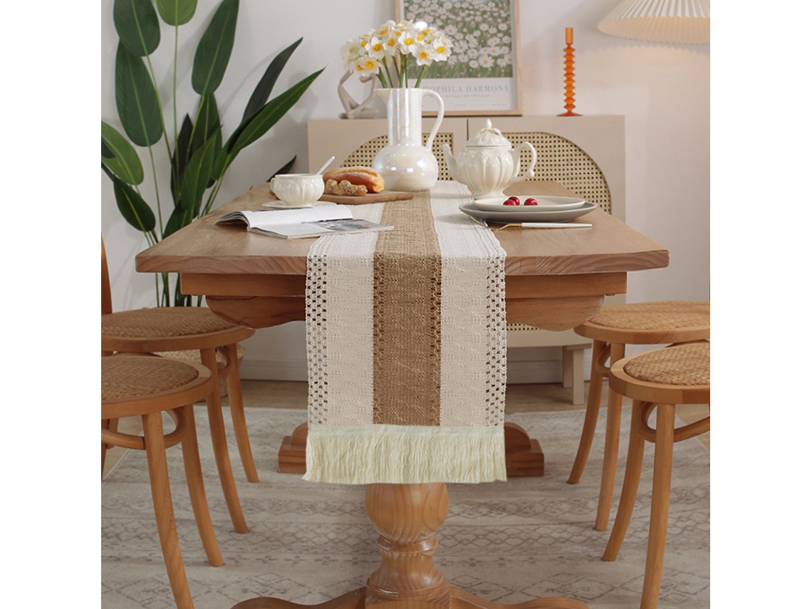 Caminho De Mesa Boho Creme/marrom Com Franjas