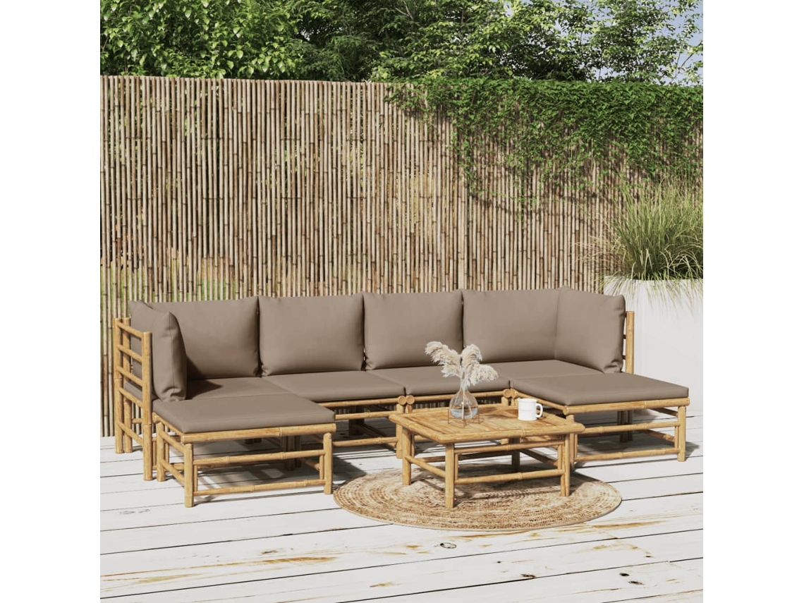 Vidaxl 7 Pcs Conj. Lounge Jardim Bambu C/ Almofadões Cinza-acastanhado