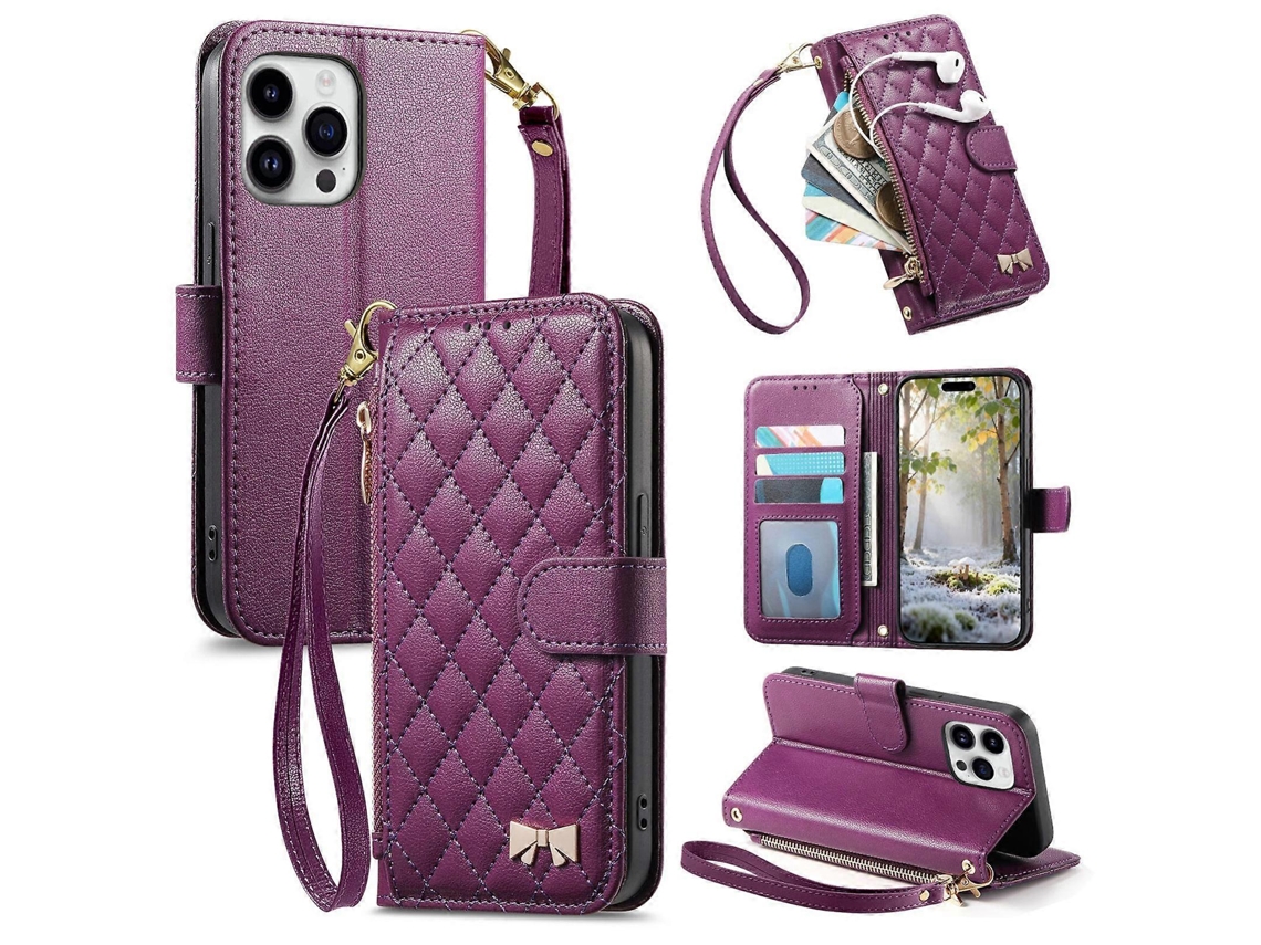 Capa Para Celular Em Couro Vegano Com Textura Rômbica, Zíper E Laço Metálico, Com Alça Para Iphone 15 Pro Max.