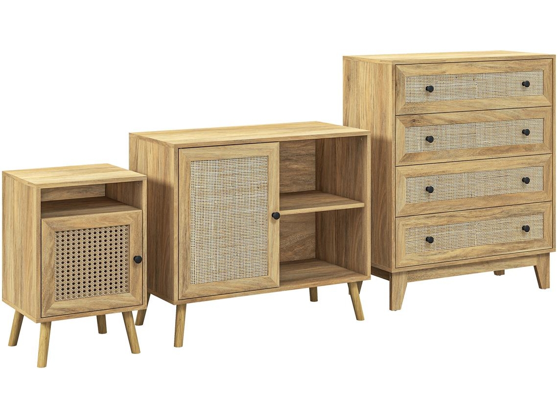 Conjunto para Quarto Melamina de Madeira, Madeira de Pinho e Vime Cor Cor de Madeira Natural 80x35x95 cm Homcom