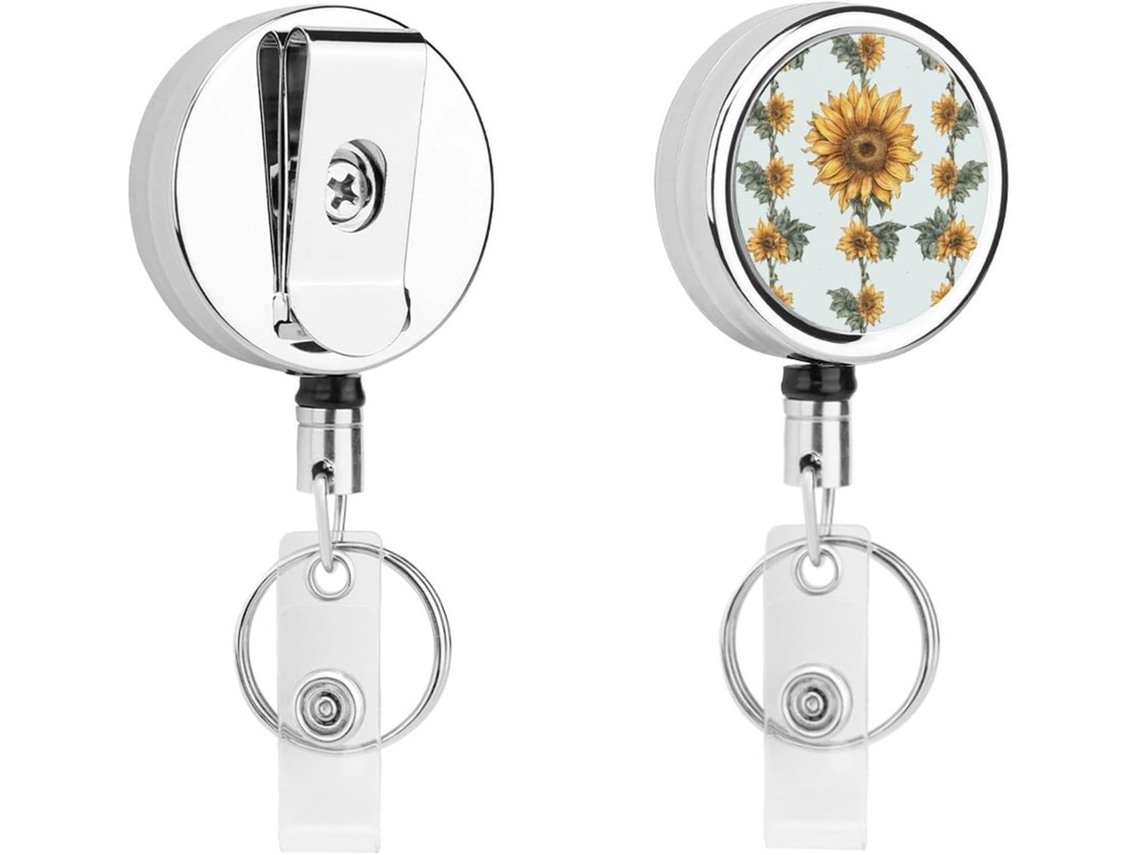 Porta Crachás em Metal Pintado à Mão com Girassóis, Desenho Floral, Retrátil, Presilhas de Crachá Resistentes, Chaveiro