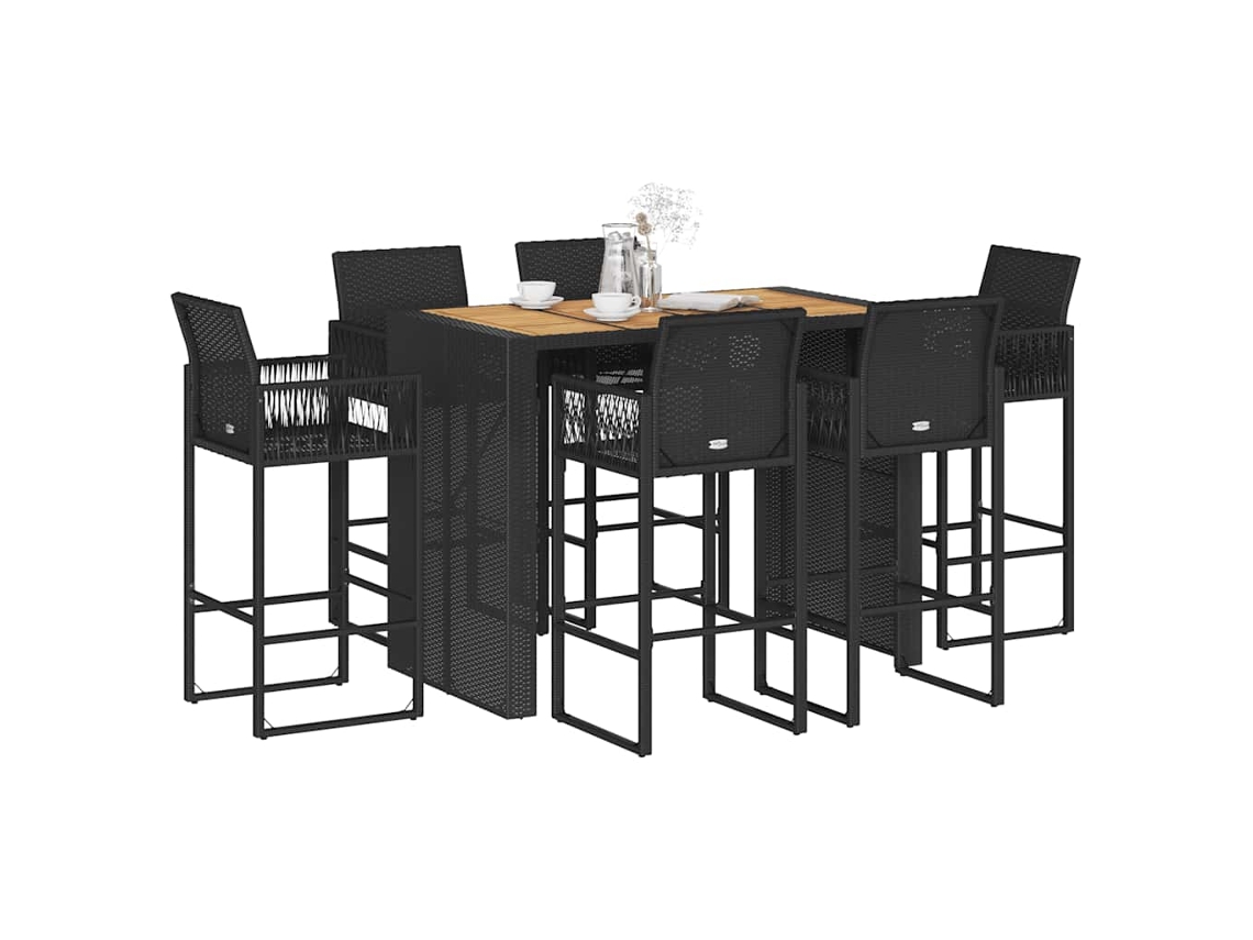 Vidaxl 7 Pcs Conj. De Bar Jardim Sem Almofadões Vime Pe/acácia Preto