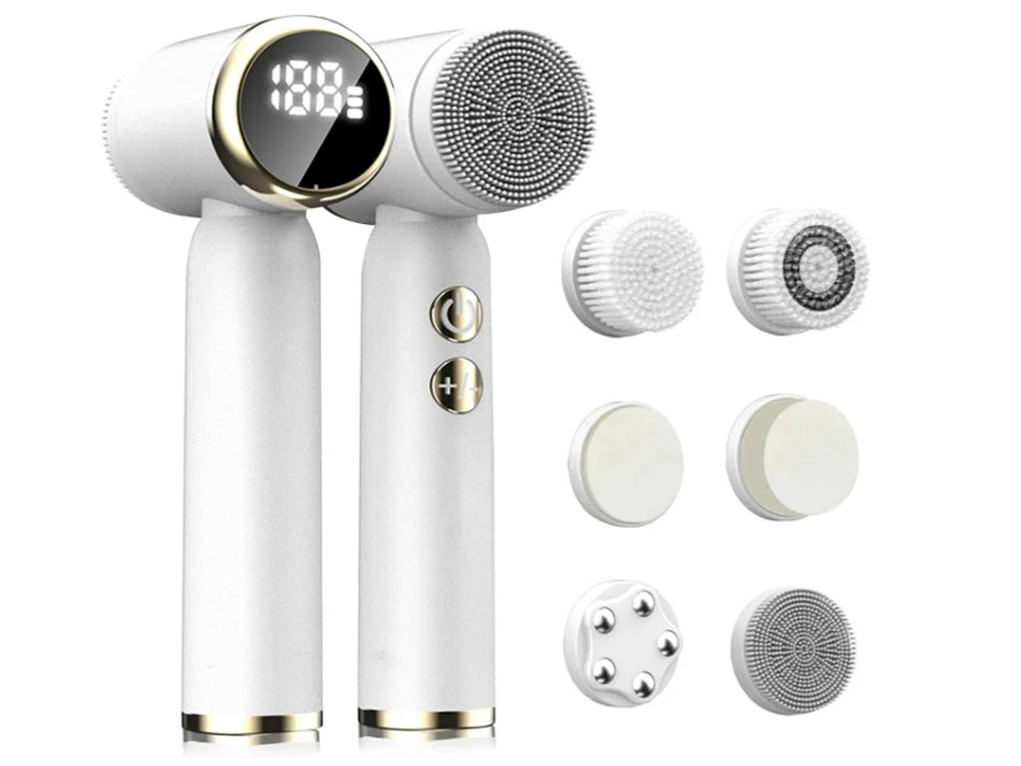Escova De Limpeza Facial Yizhood Mz 400 Elétrica Giratória Com 3 Cabeças De Escova Esfoliante Display Lcd De 3 Velocidades Branco