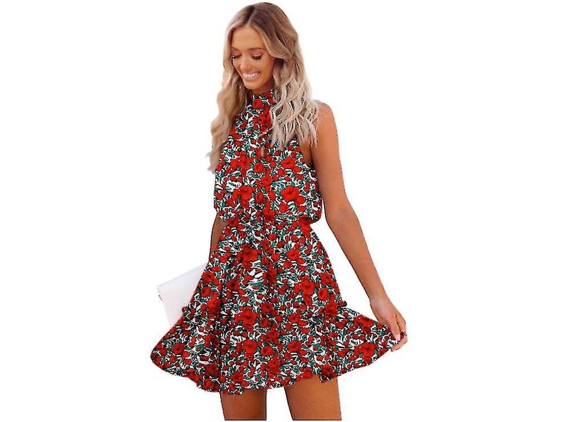 Vestido Halter Feminino Estampado Floral Com Cinto Elástico E Costas Abertas Para Verão E Praia Flor Vermelha
