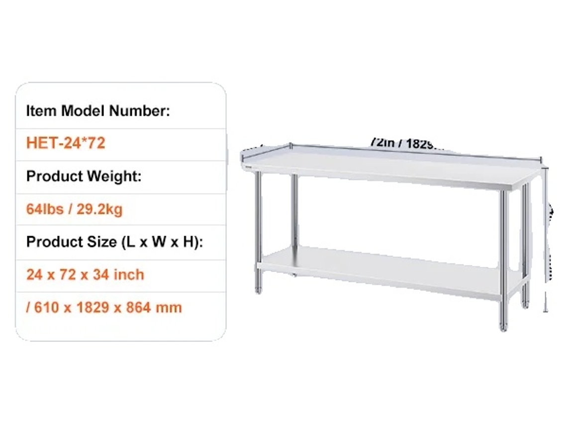Mesa De Trabalho, Aço Inoxidável, Prateleiras Ajustáveis, 24x72polegadas Oem