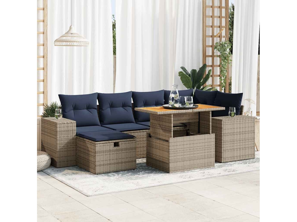 Vidaxl 7 Pcs Conj. Sofás Jardim C/ Almofadões Vime Pe/acácia Castanho