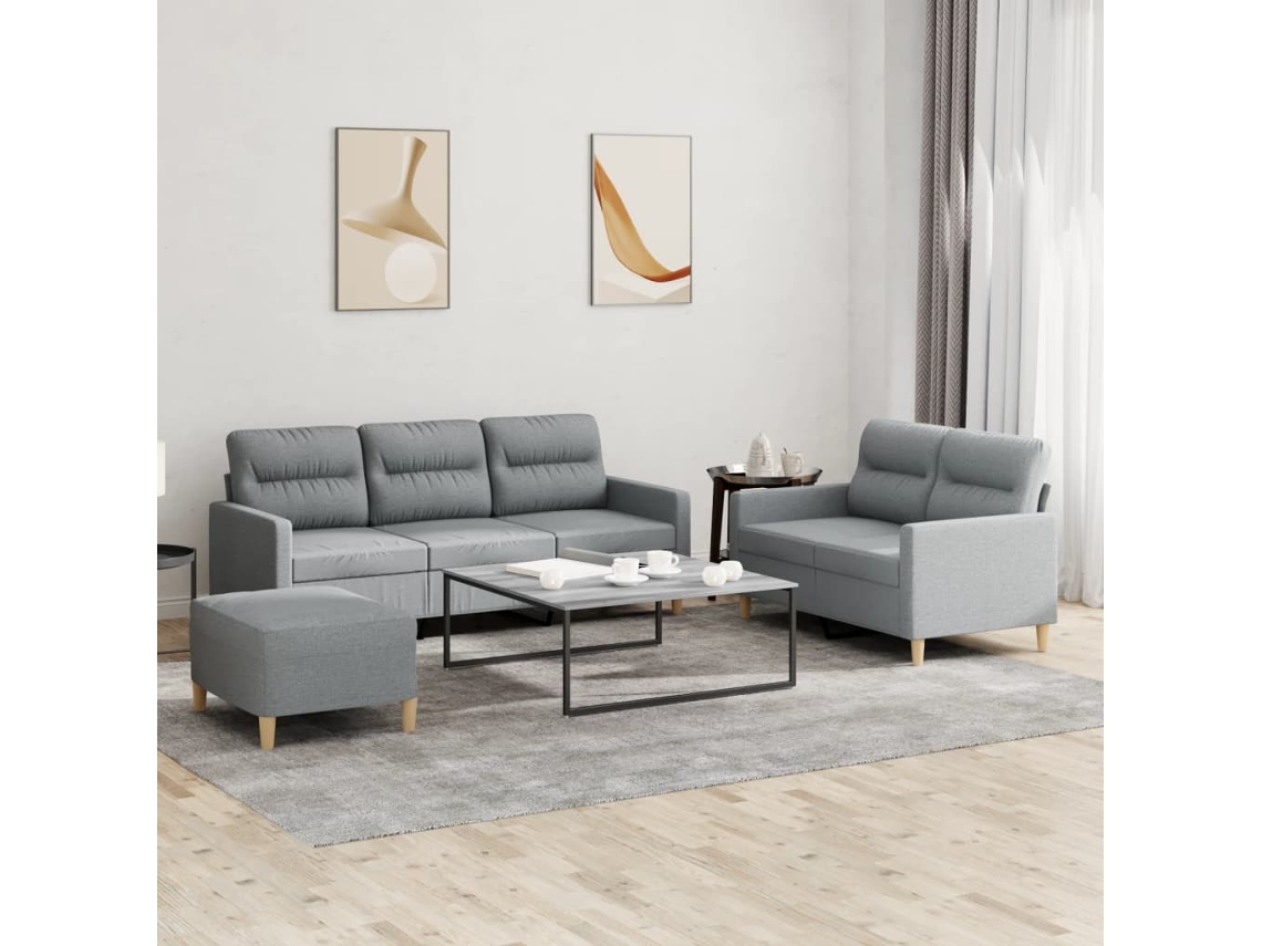 Vidaxl 3 Pcs Conjunto De Sofás Com Almofadões Tecido Cinzento-claro