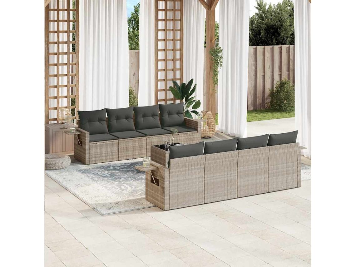 Vidaxl 9 Pcs Conj. Sofás Jardim Com Almofadões Vime Pe Cinzento-claro