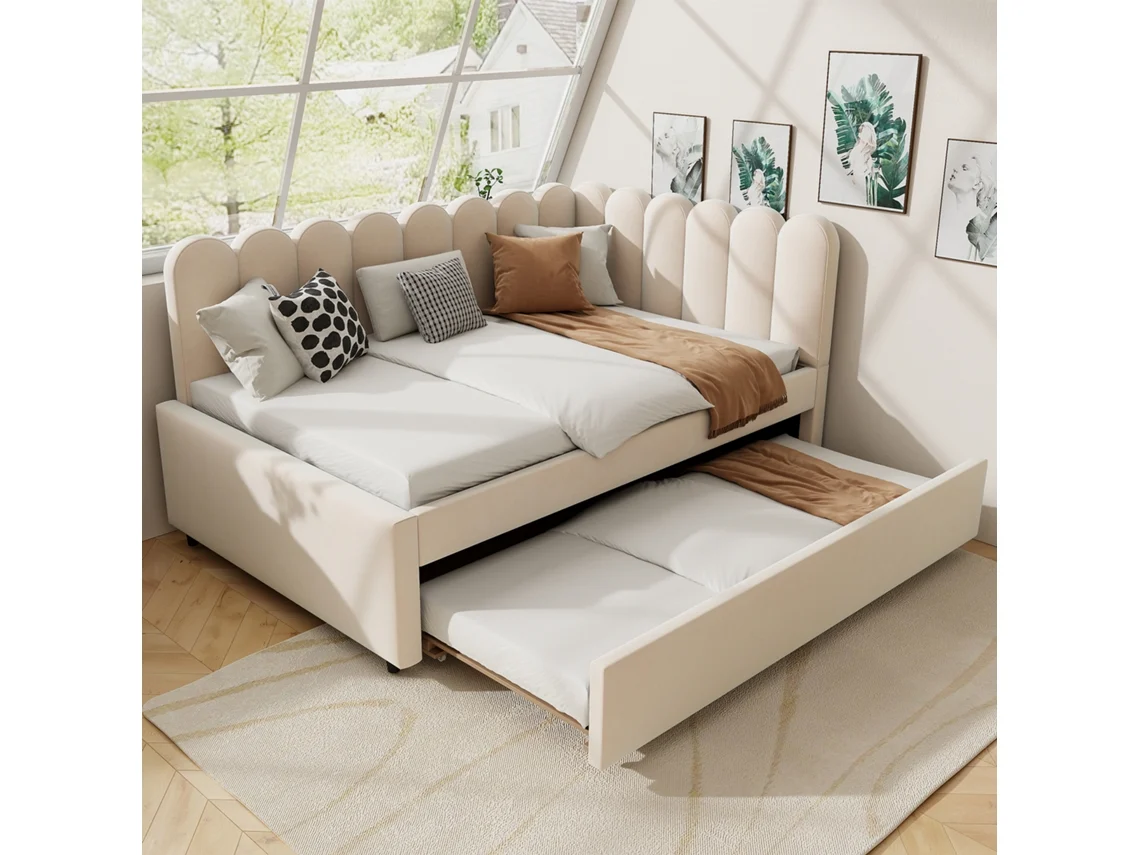 Sofá cama Veludo Bege 140x200 Extensível Cabeceira Floral