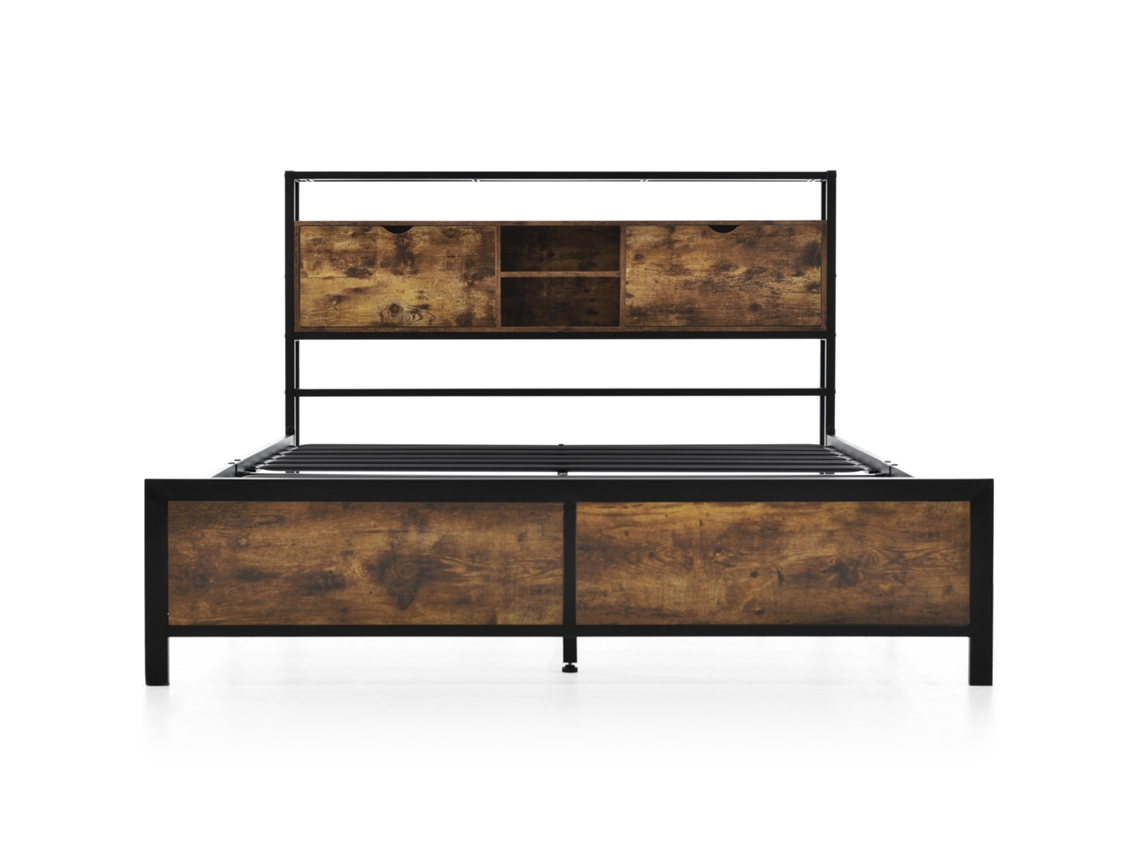 Cama de Metal Juvenil e de Casal PAPRIKA 140x200cm com Cabeceira e Arrumação, para Adultos e Crianças, Ripas