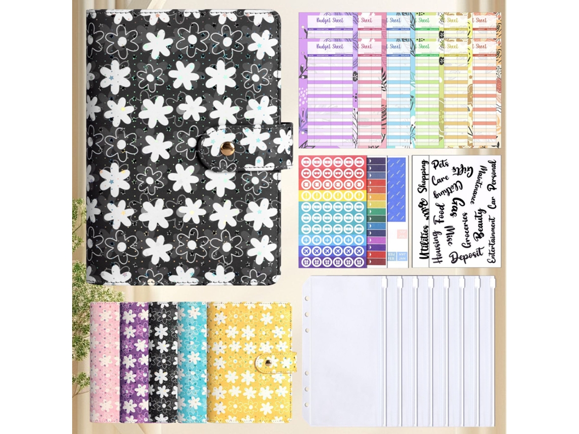 A6 Pu Leather Binder Budget Planner With Star Flower Pattern Black Cover + Cash Envelopes 12 Bill Organizer 8 Stickers 5