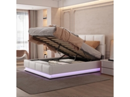 Cama Estofada 140x200 Cm - Led, Armazenamento Hidráulico, Cama De Casal, Branca