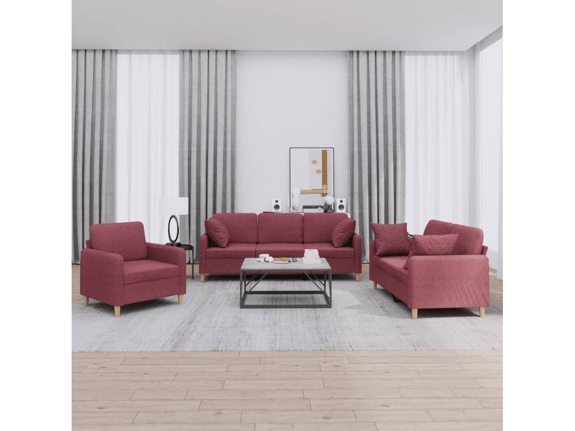 Vidaxl 3 Pcs Conjunto De Sofás Com Almofadas Tecido Vermelho-tinto