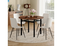 Conjunto Mesa Redonda 100cm, Madeira Marrom, Armazenamento Integrado, 4 Poltronas Brancas Pu, Sala/cozinha-qq