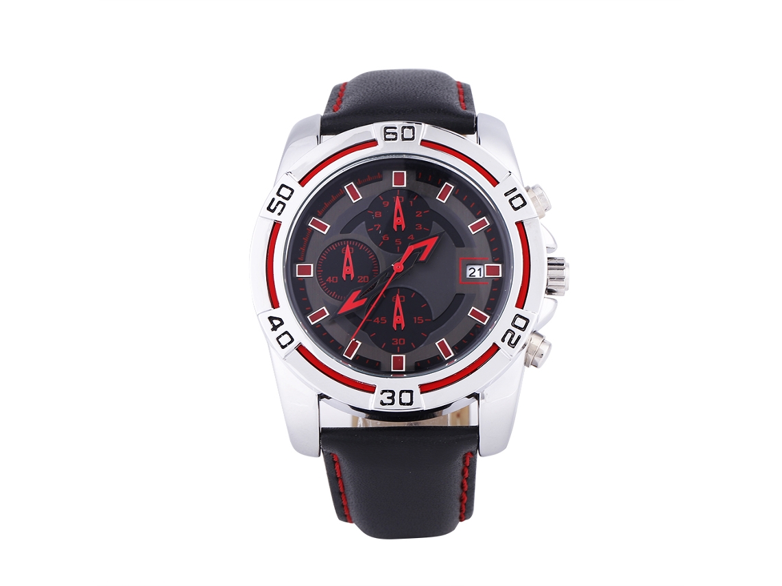 Relógio esportivo analógico de quartzo masculino com pulseira de PU e visor de data, vermelho.