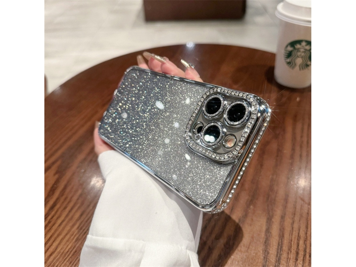 Capa Para Iphone 17 Pro Prateada Eletrodepositada Com Gradiente De Diamante E Raios De Diamante Macia