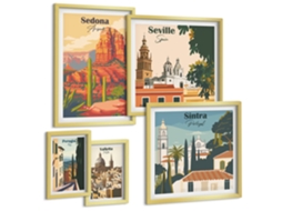 Composição De Quadros Desenhos Simples De Paisagens Urbanas Moldura Dourada Imagens Para Um Quarto Infantil Espelharte (conjunto De 5 Imagens)