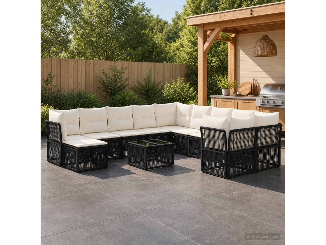 Vidaxl Conjunto De Sofá De Jardim 12 Pcs Preto Vime Pe