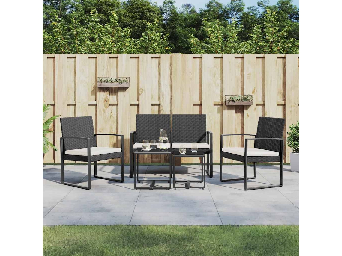 Vidaxl 5 Pcs Conjunto De Jantar P/ Jardim C/ Almofadões Vime Pp Preto