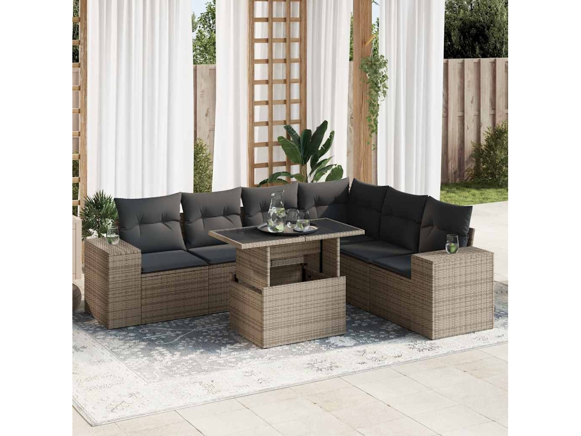Vidaxl 7 Pcs Conjunto Sofás P/ Jardim C/ Almofadões Vime Pe Cinzento