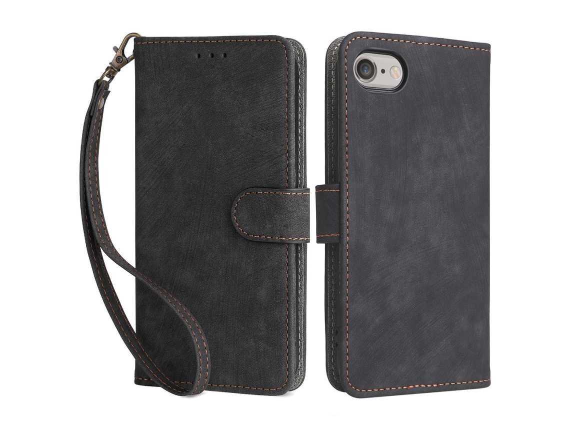 Capa Em Couro Pu Bloqueio Rfid, Com Pega Para Apple Iphone 6 / 6s / 7 / 8 - Preto