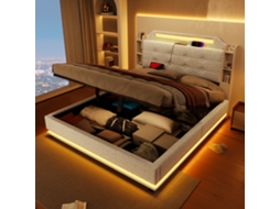 Cama Casal Bege 140x200cm Estofada, Led, Hidráulica, Usb-c, Linho.-op