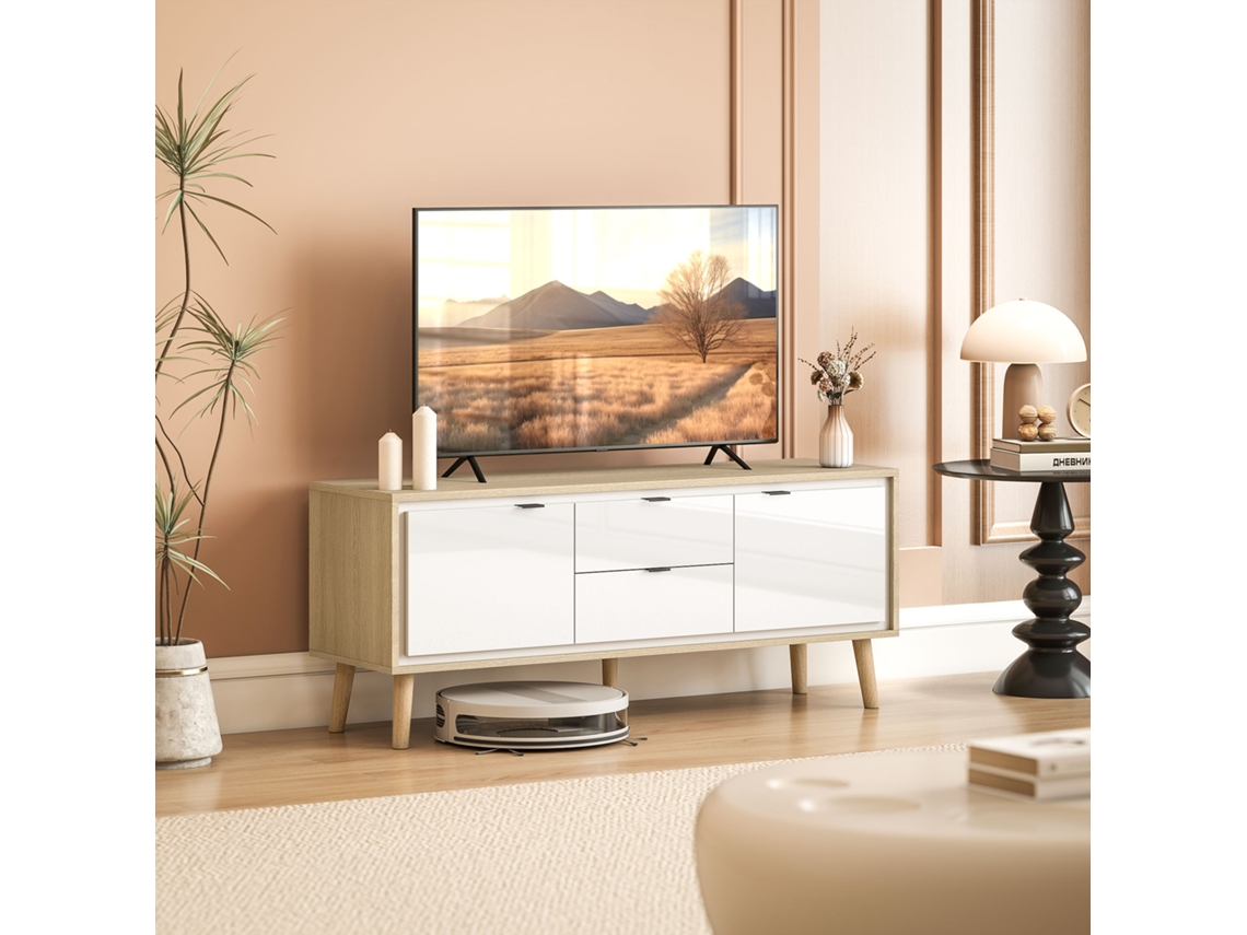 Móvel De Tv Moderno Para Sala Com 2 Gavetas Para Televisão 55 Polegadas 120x35x50 Cm Branco Brilhante E Carvalho